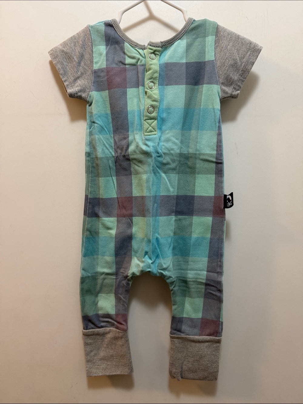 Rags One Piece Mint, Teal & Gray Plaid Short-Sleeve Romper 3-6 Months